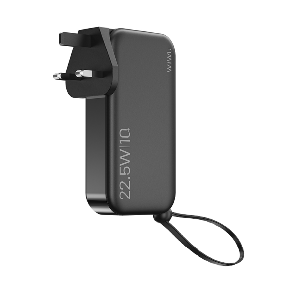 Buy Wiwu 3 in 1 us+uk+eu 22.5w quick wall charger and10000 mah power bank with built-in cable - black in Jordan - Phonatech