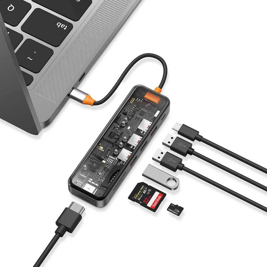 Buy Wiwu CB007 Cyber 7 in 1 Type-C Hub 100W Charging Support Transparent Appearance SD Card-Hdmi-Usb Duplicator in Jordan - Phonatech